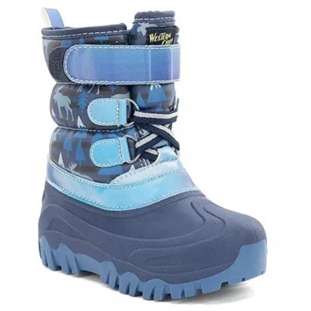 Western Chief Boys Ascend Faux Fur Winter Boots Navy Moose Print Size 8 NEW